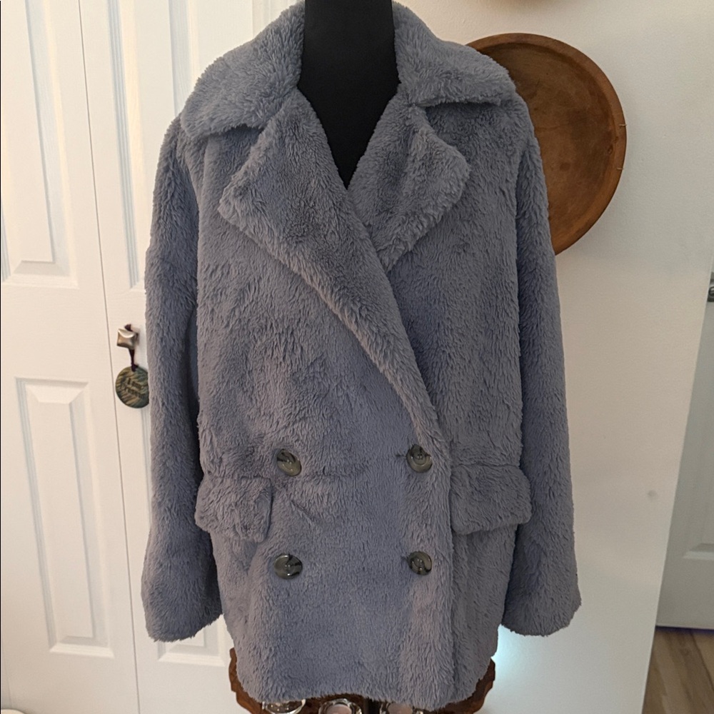 Free People Double-Breasted Teddy Coat - Gray